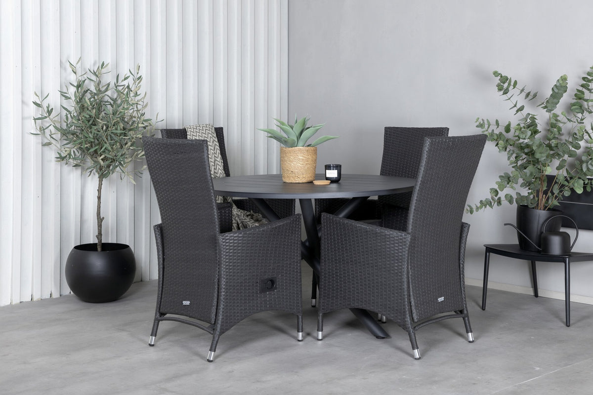 Runder Gartentisch Ø120 cm aus schwarzem Aluminium mit zwei schwarzen Relaxstühlen aus Aluminium und Geflecht, Polyesterbezug.