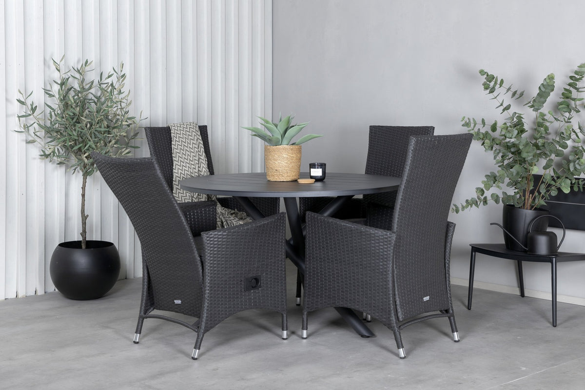 Runder Gartentisch Ø120 cm aus schwarzem Aluminium mit zwei schwarzen Relaxstühlen aus Aluminium und Geflecht, Polyesterbezug.