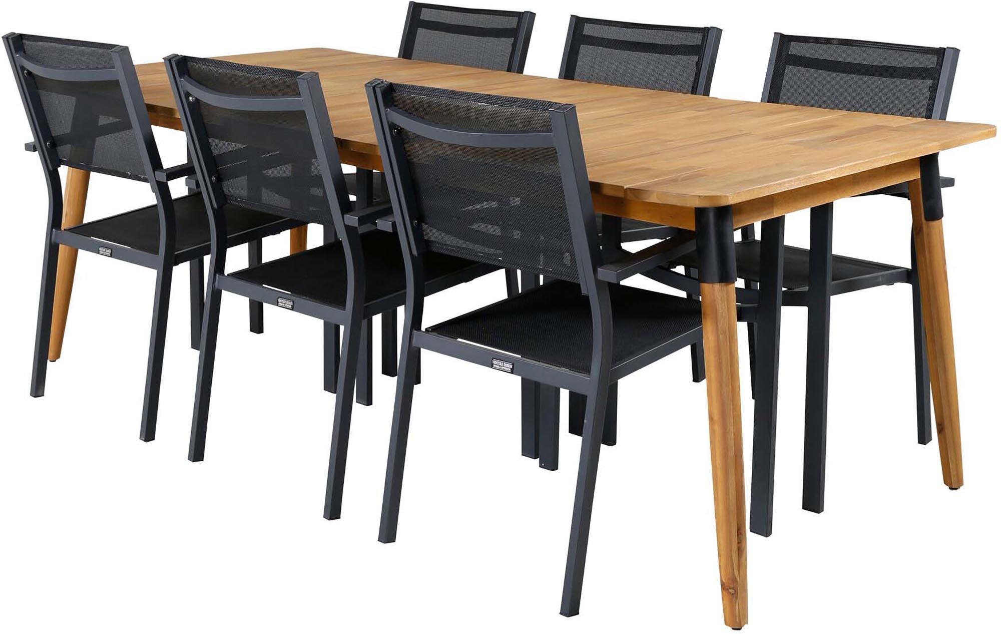 Entdecken Sie das Julian Outdoor-Tischset von Venture Home: Ein eleganter Akazienholztisch mit 6 modernen Copacabana-Stühlen für unvergessliche Momente im Freien.