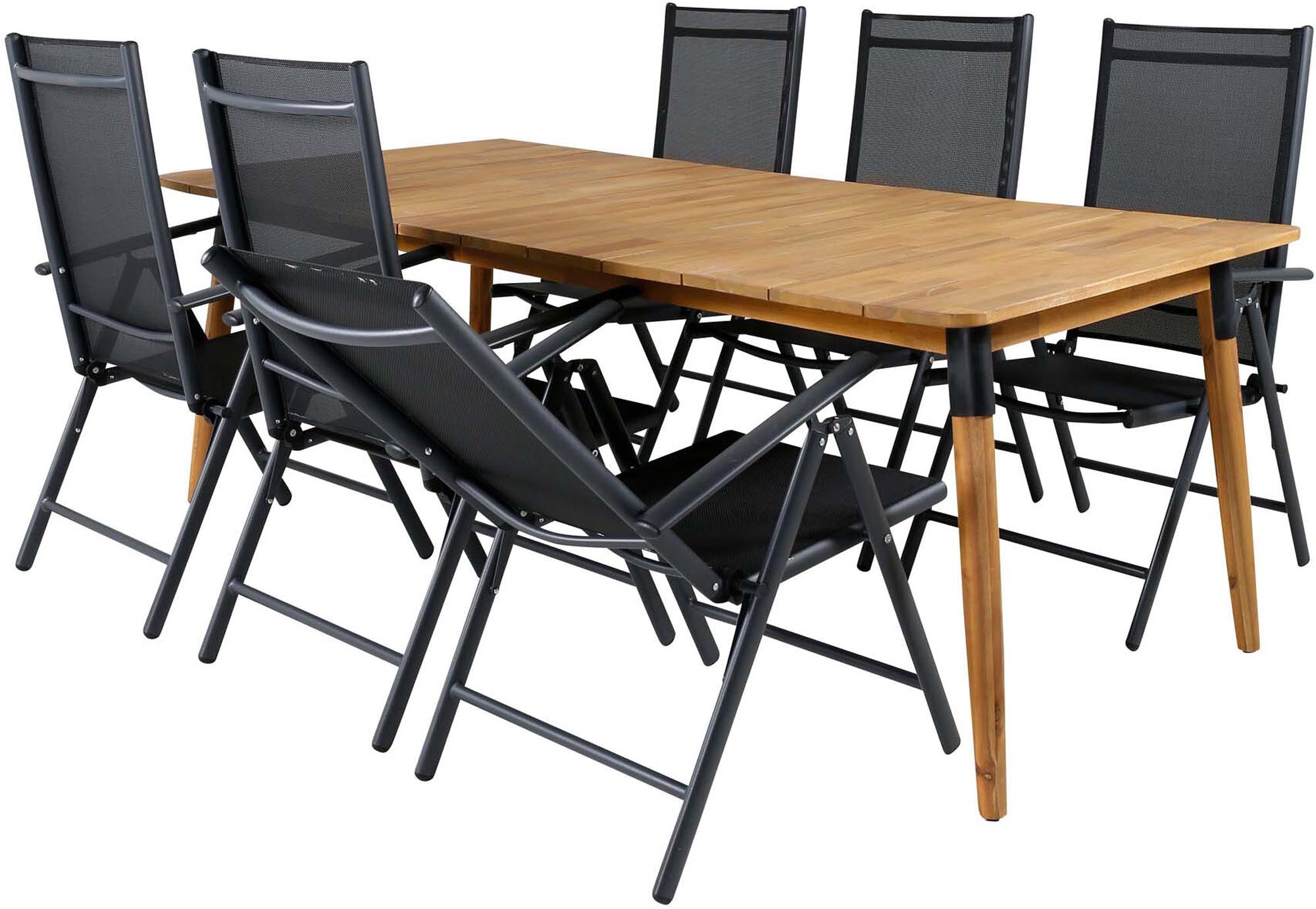 Stilvolles Julian Outdoor-Tischset für gesellige Abende im Freien. Platz für 6 Personen, robustes Akazienholz und praktische klappbare Stühle.