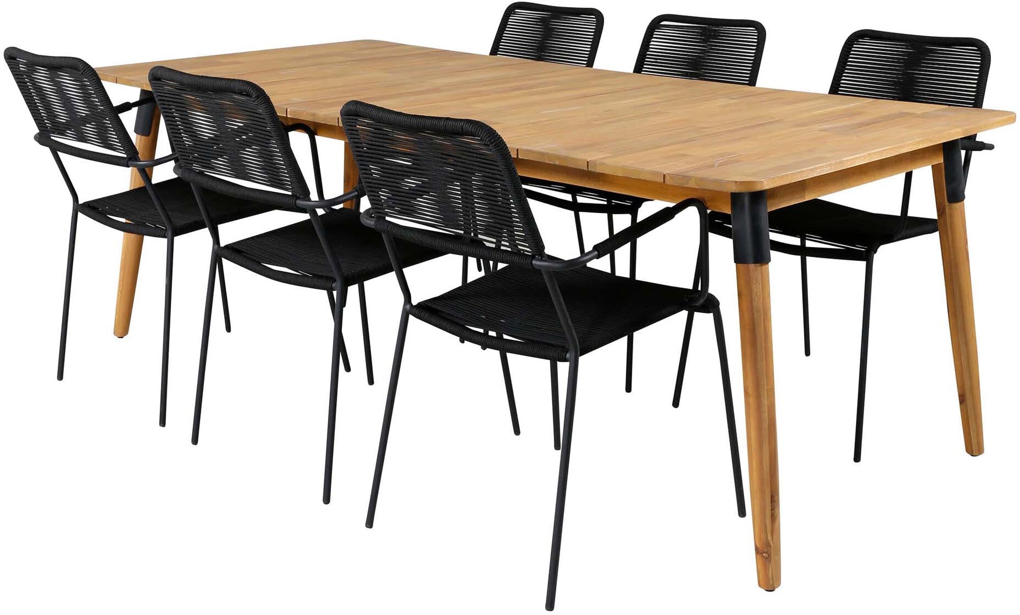 Elegantes Julian Outdoor-Tischset mit 6 bequemen Lindos Armchairs aus robustem Akazienholz und pflegeleichtem Seil für unvergessliche Momente im Freien.