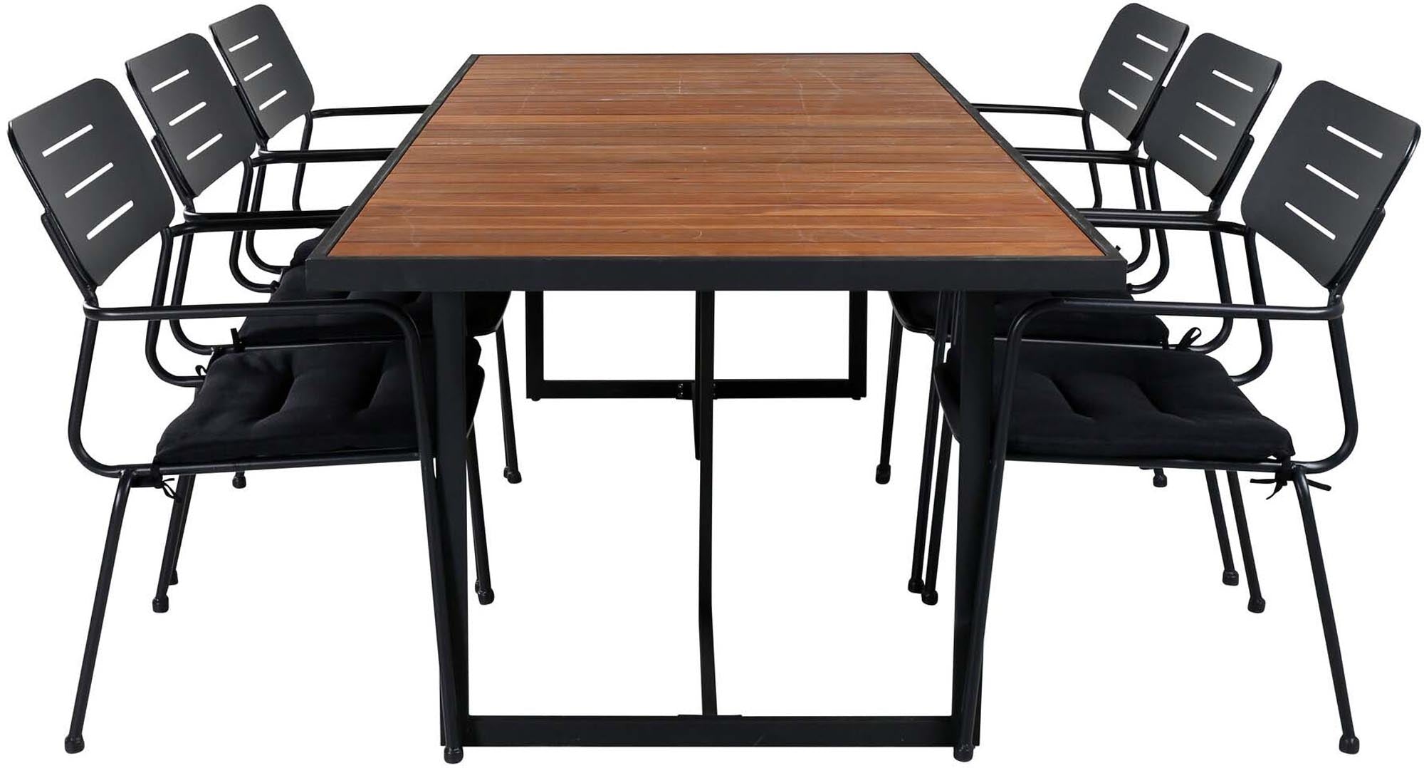 Elegantes, wetterfestes Khung Outdoor-Tischset für 6 Personen, 200cm, aus robustem Stahl, ideal für Garten und Terrasse.