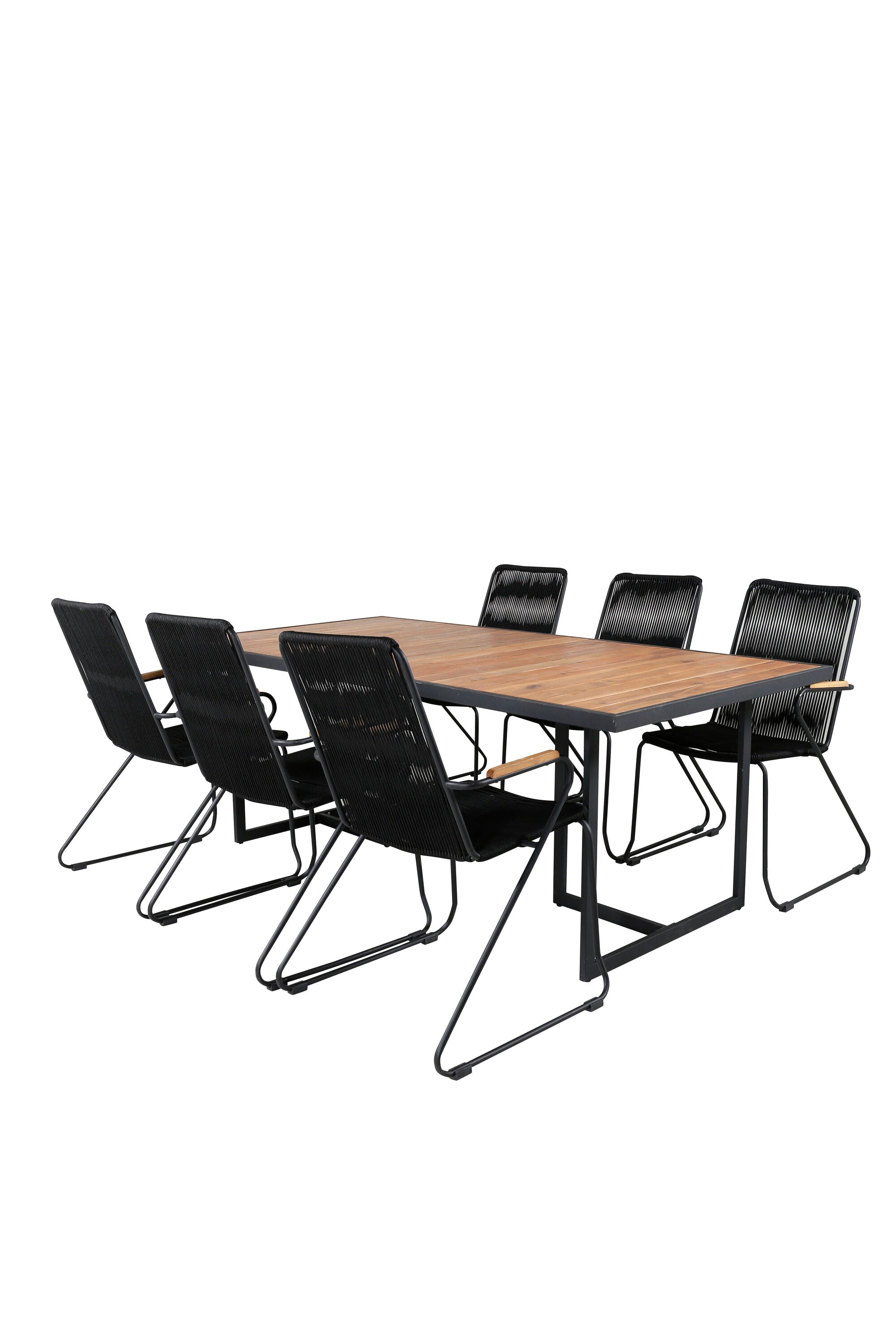 Modernes Gartenset mit rechteckigem Tisch und Holzakzenten, perfekt für gemütliche Stunden im Freien.