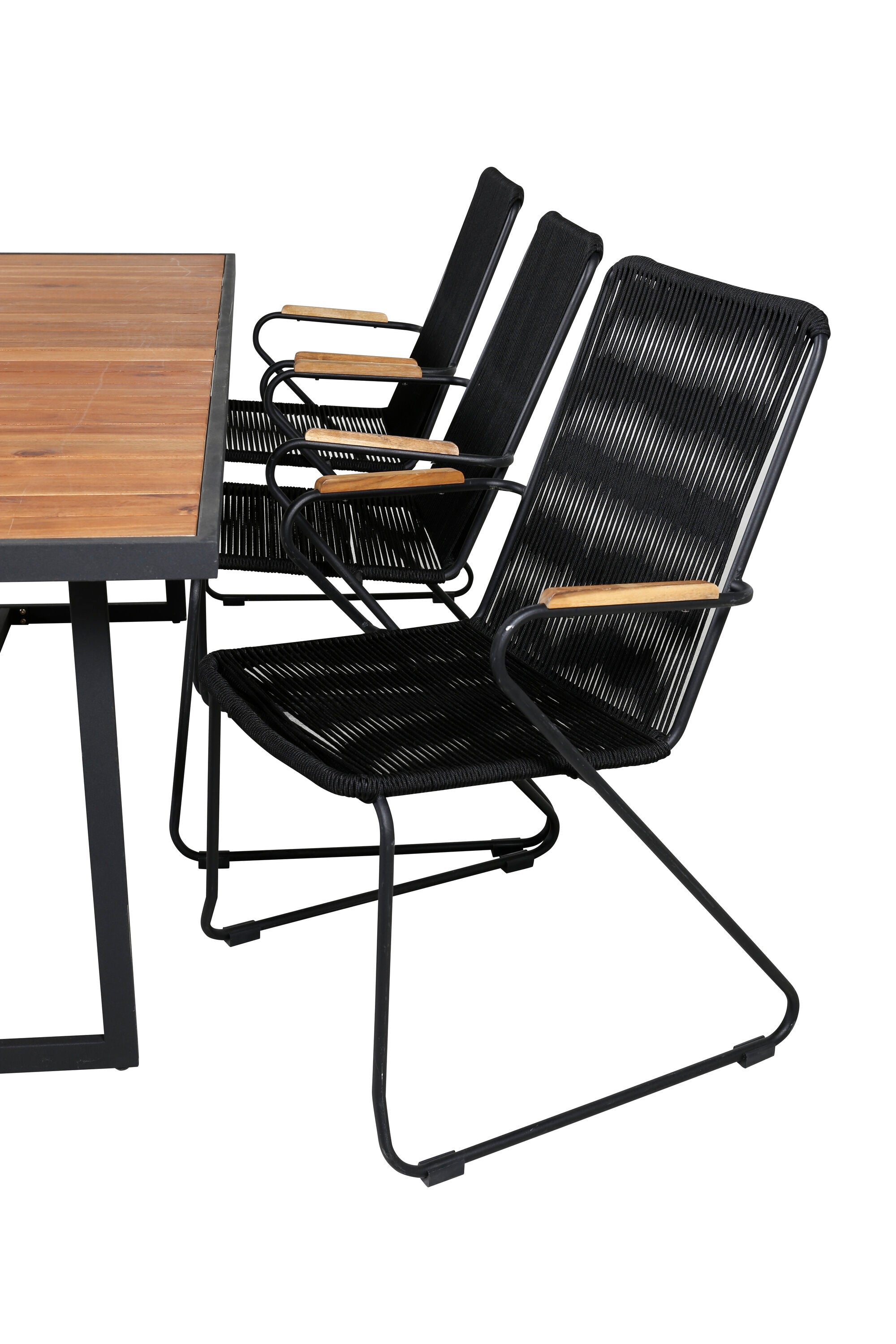 Modernes Gartenset mit rechteckigem Tisch und Holzakzenten, perfekt für gemütliche Stunden im Freien.