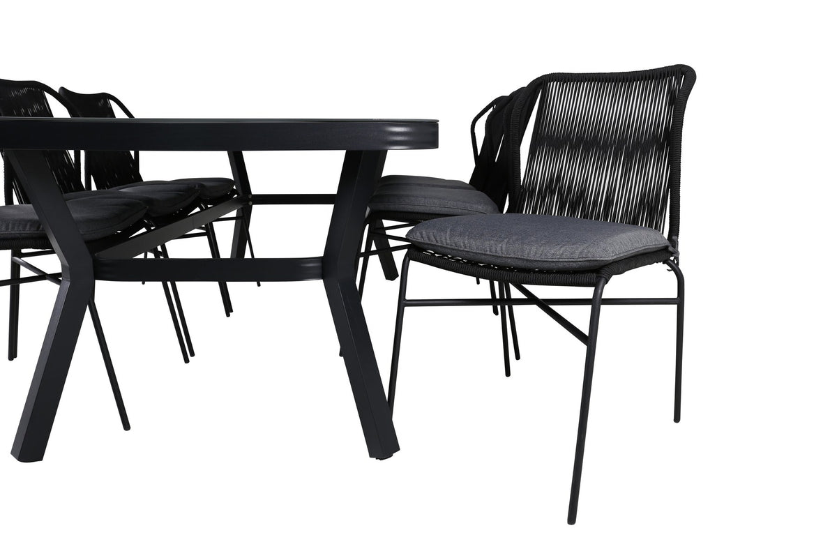 Vier schwarze Esszimmerstühle aus Textilene mit Pulverbeschichtung und rechteckiger Esstisch 200x100 cm mit grauer Mattglasplatte, stapelbar.