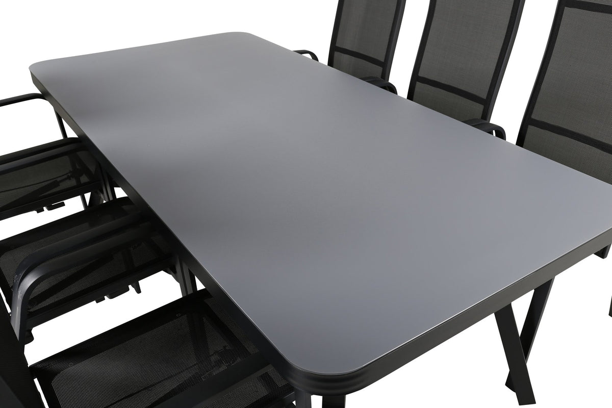 Schwarzer Gartentisch Virya mit Mattglasplatte und Aluminiumbeinen, dazu Stühle Copacabana mit Textilene-Sitzfläche und Pulverbeschichtung