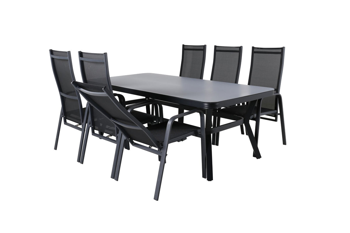 Schwarzer Gartentisch Virya mit Mattglasplatte und Aluminiumbeinen, dazu Stühle Copacabana mit Textilene-Sitzfläche und Pulverbeschichtung