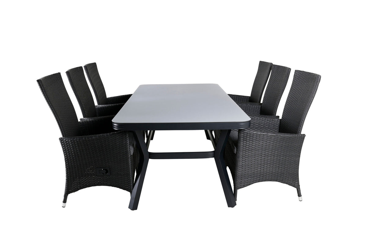 Gartentischset Virya & Padova: schwarzer rechteckiger Esstisch aus Mattglas mit zwei Relaxstühlen