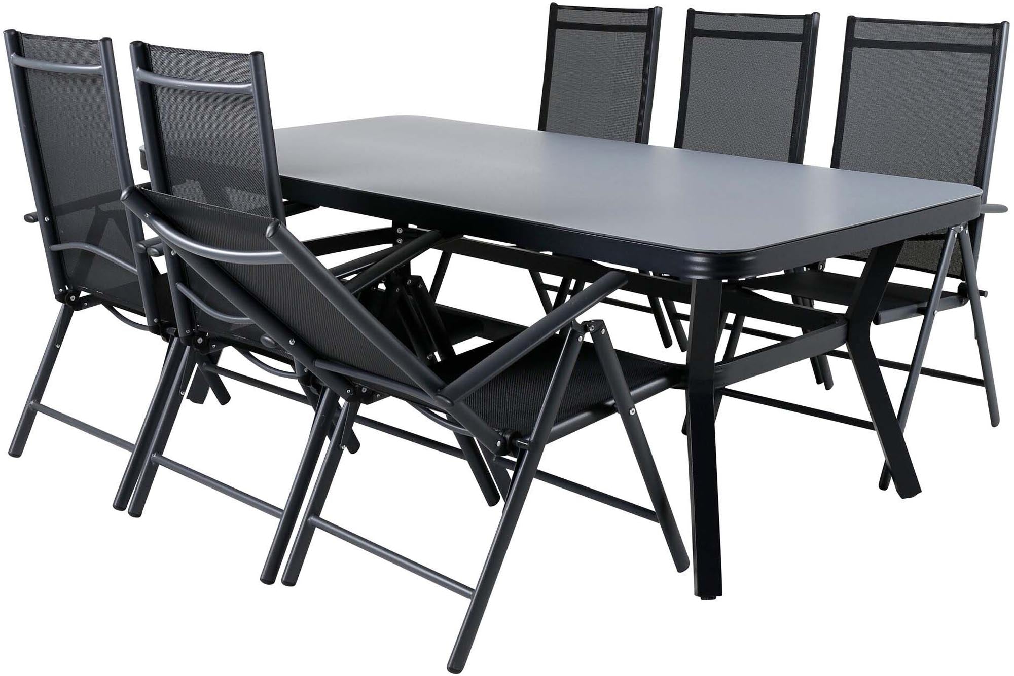 Stilvolles Virya Outdoor-Tischset von Venture Home: 200cm Tisch & 6 Break-Stühle, ideal für gesellige Abende im Freien.