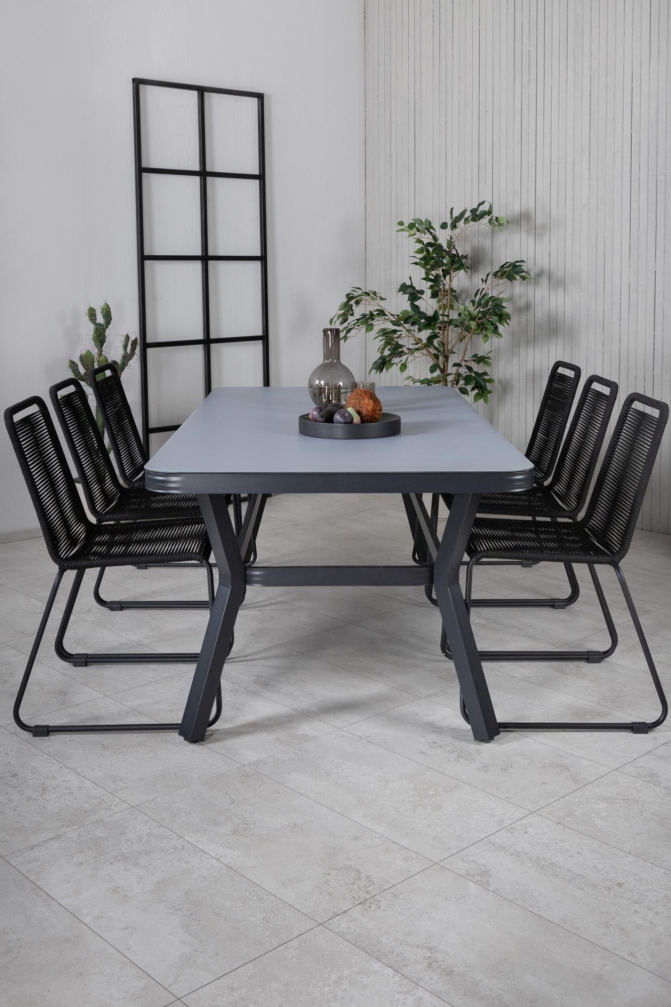 Stilvolles Virya Outdoor-Tischset von Venture Home: 200cm Tisch & 6 Lindos Stühle, wetterfest, ideal für gesellige Abende im Freien.