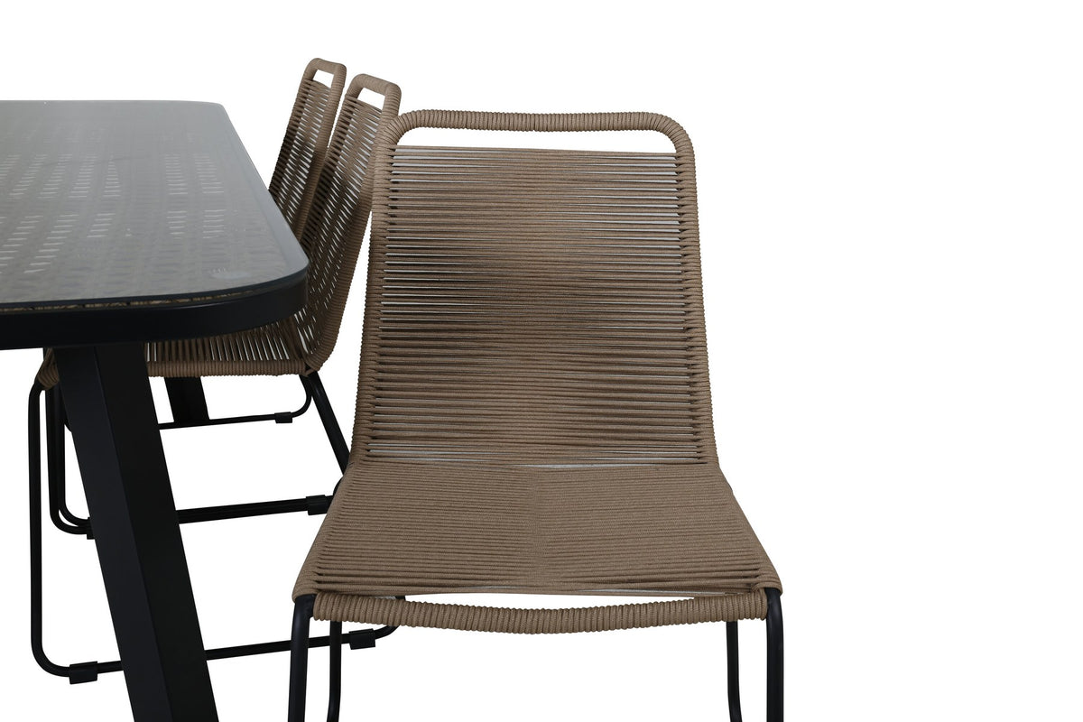 Gartentischset Paola mit schwarzem Stahlgestell und Weidengeflecht-Tischplatte sowie sechs stapelbaren Lindos-Stühlen aus schwarzem Aluminium und Polyesterseil.
