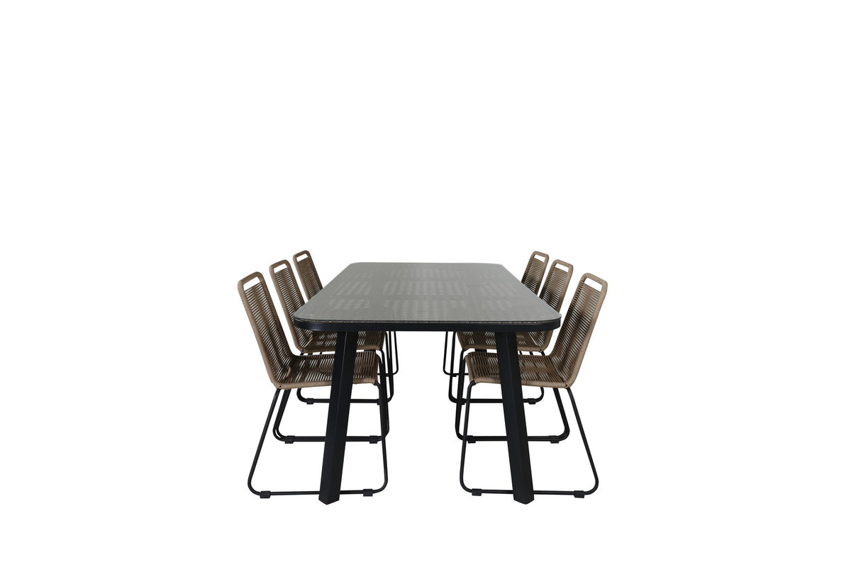 Gartentischset Paola mit schwarzem Stahlgestell und Weidengeflecht-Tischplatte sowie sechs stapelbaren Lindos-Stühlen aus schwarzem Aluminium und Polyesterseil.