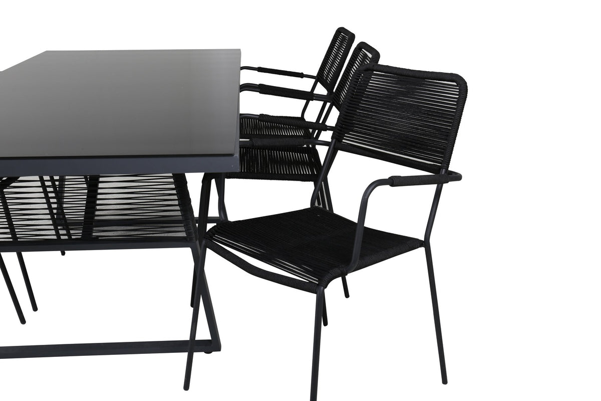 Esstisch Dallas mit sechs Stühlen Lindos, Gestell aus Aluminium und Geflecht in Schwarz, Tischplatte aus Glas, Outdoor-Set von Venture Home.