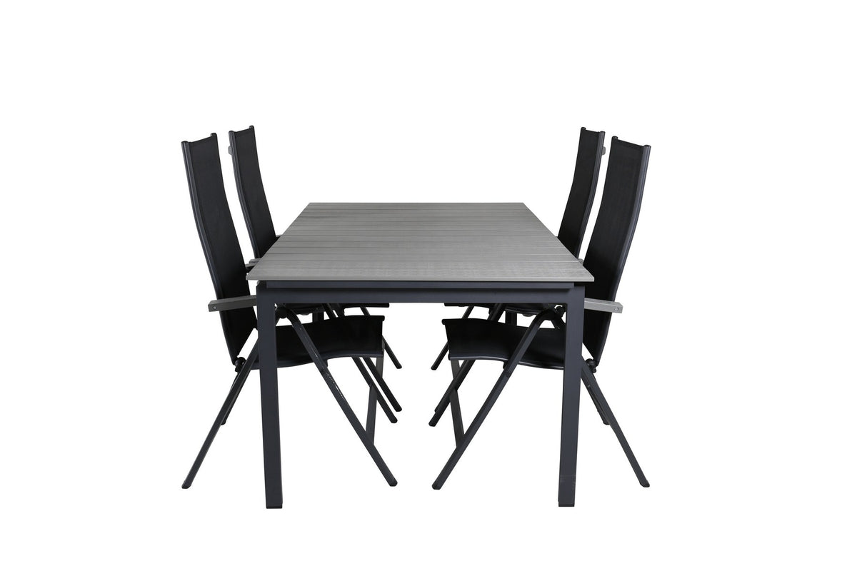 Schwarzer Albany-Stuhl mit grauem Teakholz und Textilene neben ausziehbarem Levels Gartentisch aus Aluminium und Aintwood in Schwarz/Grau