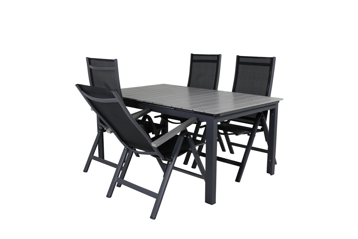 Schwarzer Albany-Stuhl mit grauem Teakholz und Textilene neben ausziehbarem Levels Gartentisch aus Aluminium und Aintwood in Schwarz/Grau