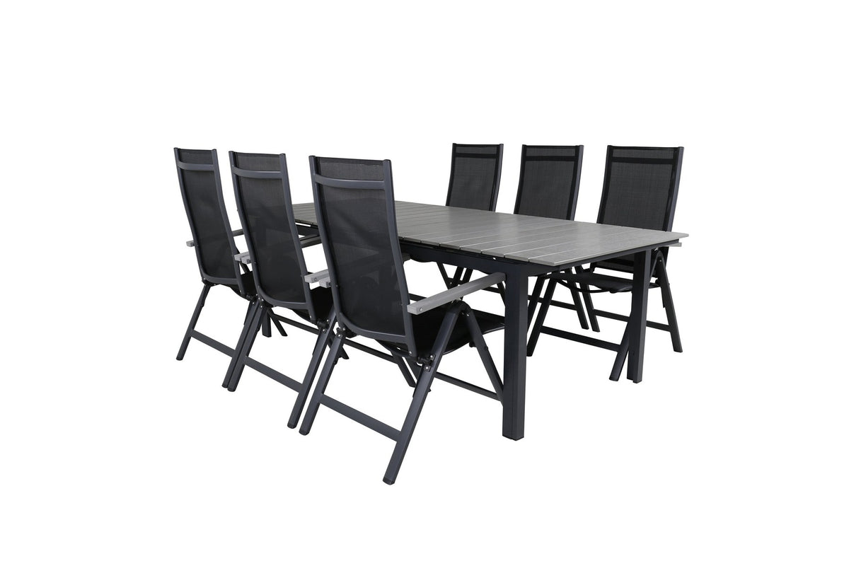 Schwarzes Gartentischset aus Aluminium und Aintwood: rechteckiger Esstisch mit grauer Tischplatte und zwei Positionsstühle, pulverbeschichtet.
