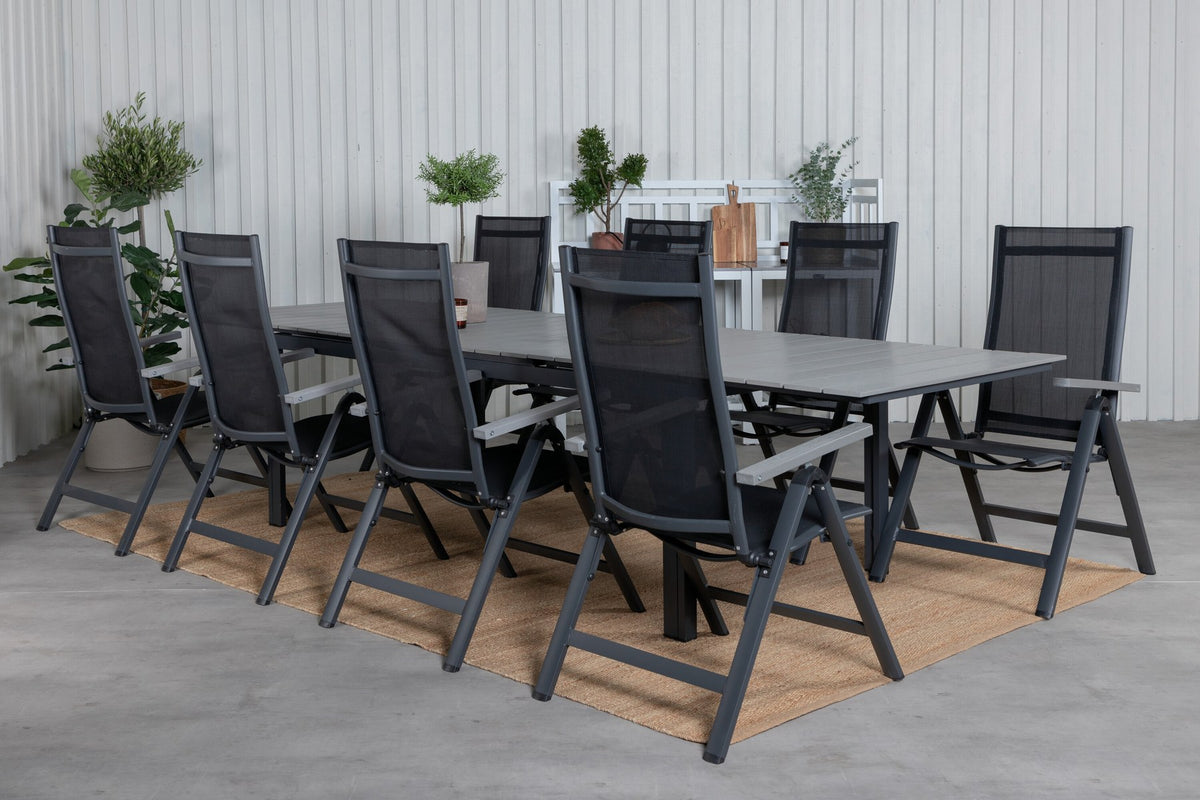 Schwarzes Gartentischset aus Aluminium und Aintwood: rechteckiger Esstisch mit grauer Tischplatte und zwei Positionsstühle, pulverbeschichtet.