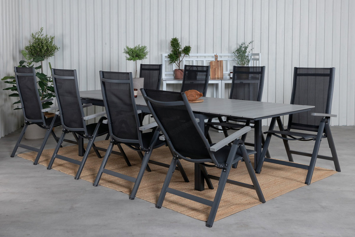 Schwarzes Gartentischset aus Aluminium und Aintwood: rechteckiger Esstisch mit grauer Tischplatte und zwei Positionsstühle, pulverbeschichtet.