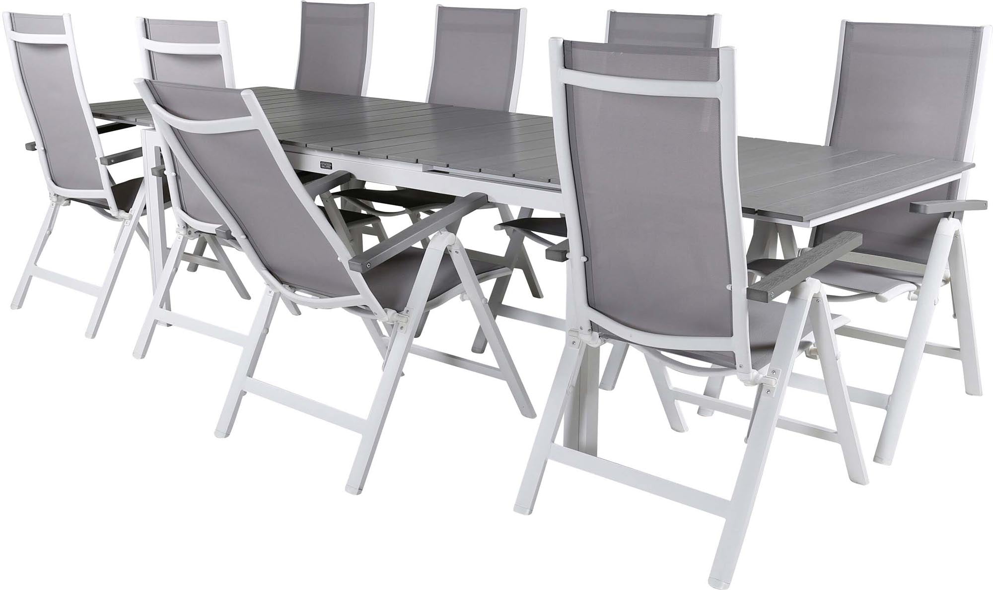 Stilvolles Outdoor-Set für 8 Personen, ideal für Gartenpartys, mit robustem Tisch und bequemen, pflegeleichten Stühlen.