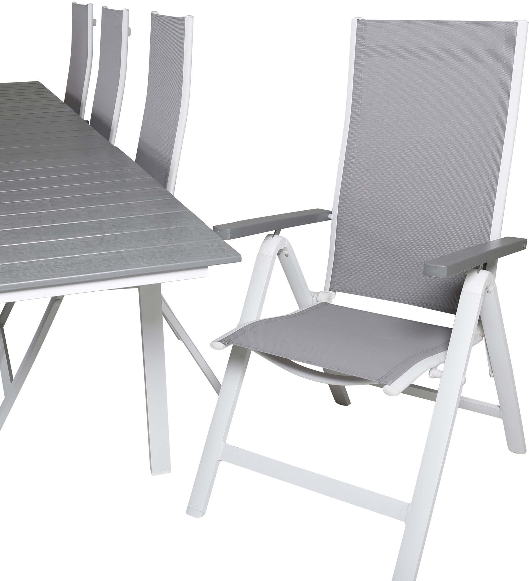 Stilvolles Outdoor-Tischset für 8 Personen, ideal für Grillabende. Hochwertige, pflegeleichte Materialien und bequeme Albany Stühle.