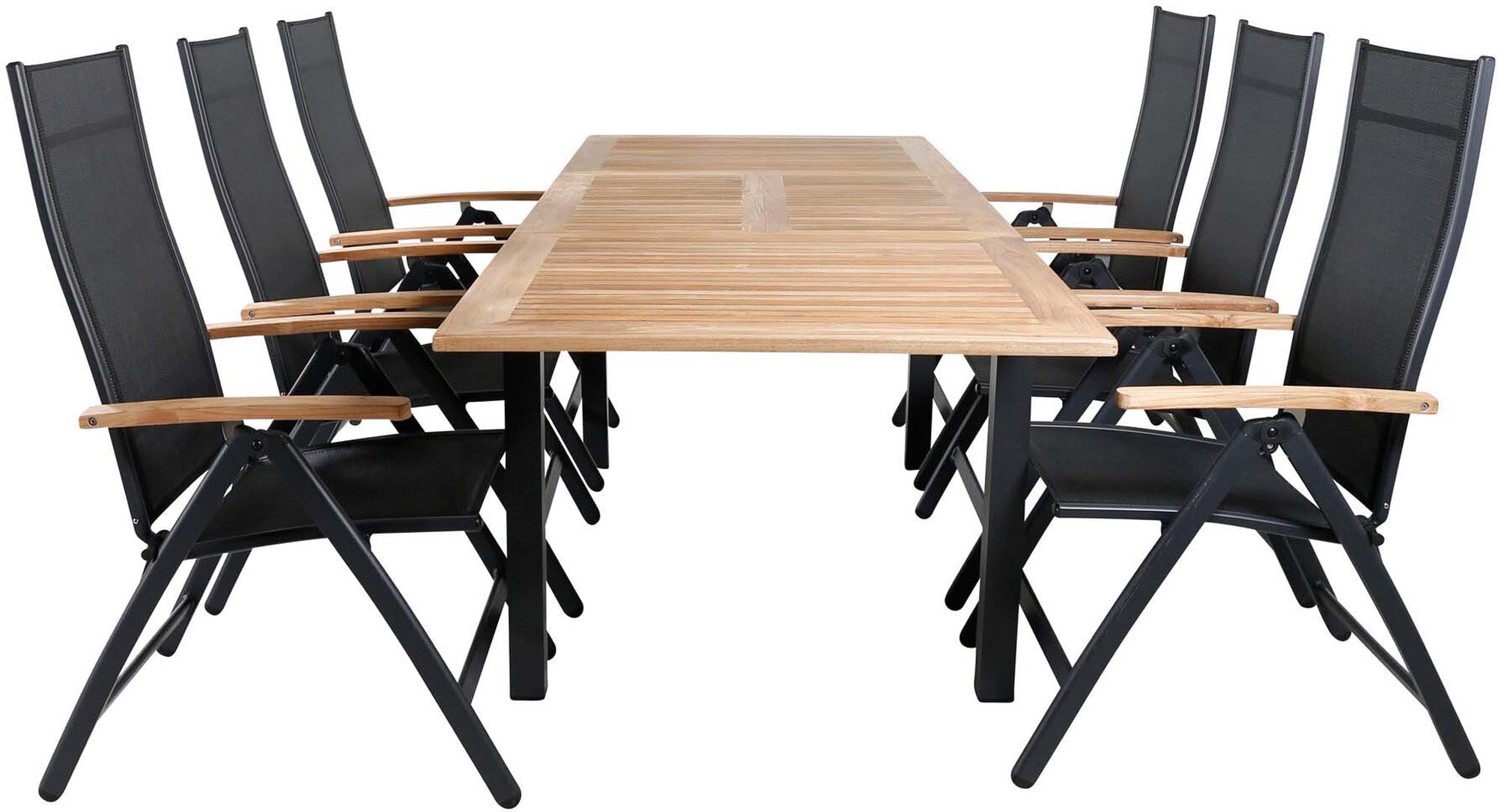 Entdecken Sie das elegante Panama Outdoor-Tischset 152cm/6St. von Venture Home. Hochwertige Materialien, verstellbare Stühle und ausziehbares Design für Ihren Garten.