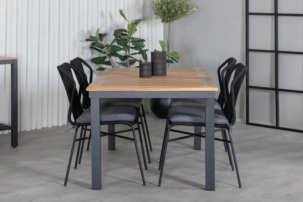 Schwarzes Gartentischset aus Aluminium und Teak: rechteckiger Esstisch 152x90 cm mit 4 Stühlen mit Polyesterbezug.