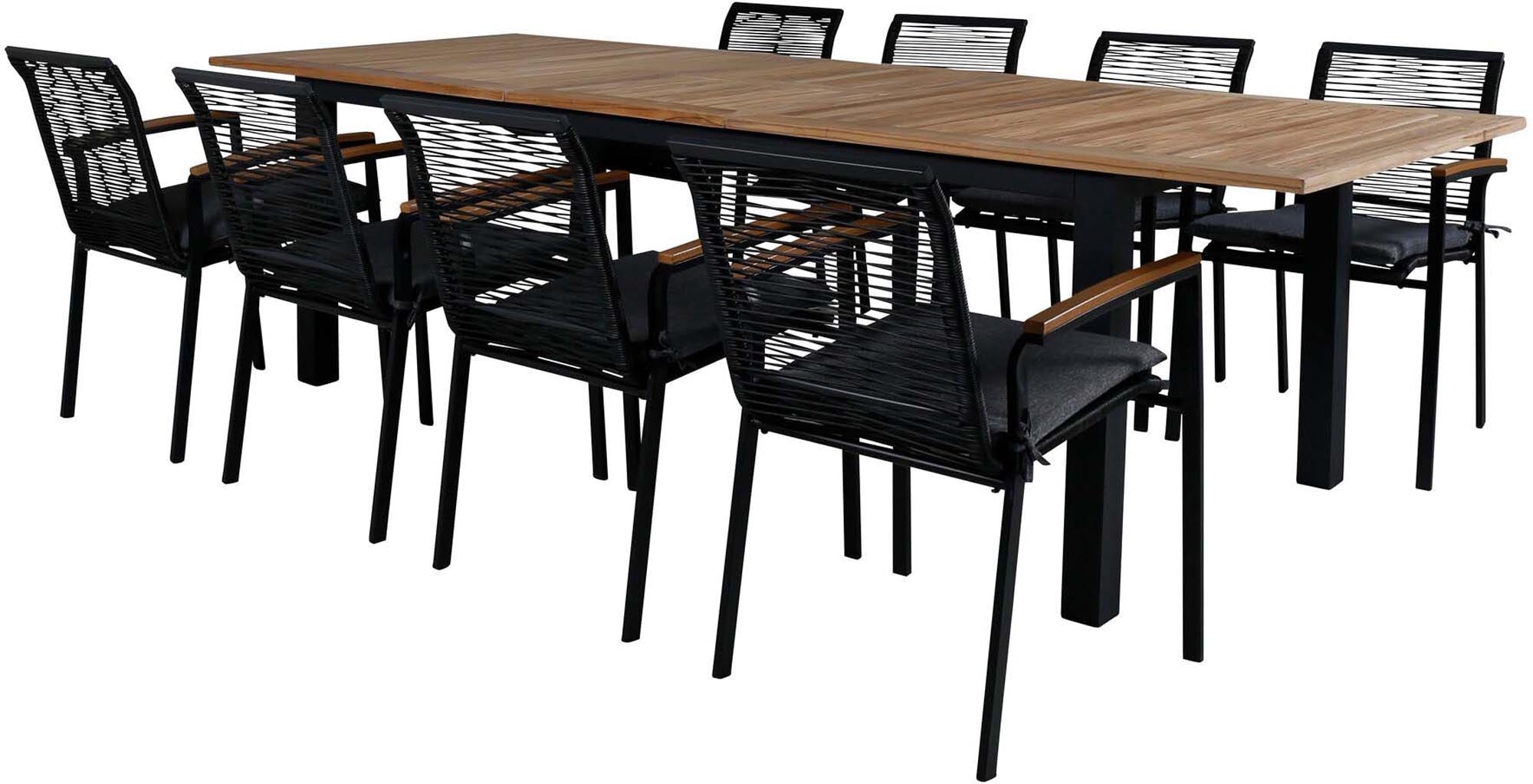 Elegantes Outdoor-Tischset Panama für 8 Personen, ideal für gesellige Abende im Garten oder auf der Terrasse. Wetterfest und pflegeleicht.