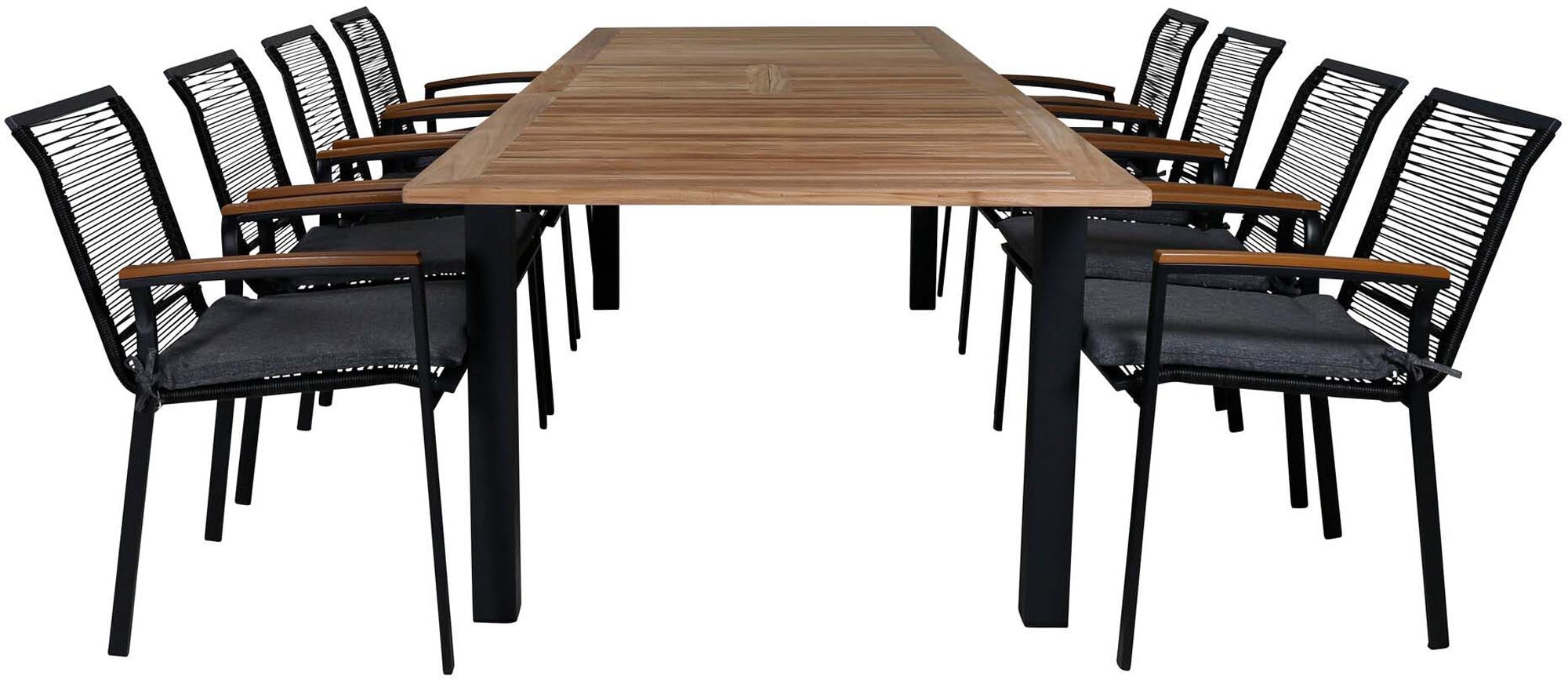 Elegantes Panama Outdoor-Tischset für 8 Personen, wetterfest, UV-beständig, ideal für stilvolle Sommerabende im Garten.