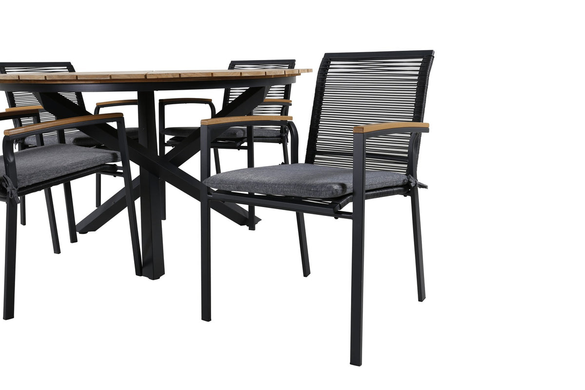 Schwarzes Gartentischset: runder Teakholz-Tisch mit ⌀140cm auf Stahlbeinen und zwei Aluminium-Stühle mit Polyesterbezug von Venture Home.