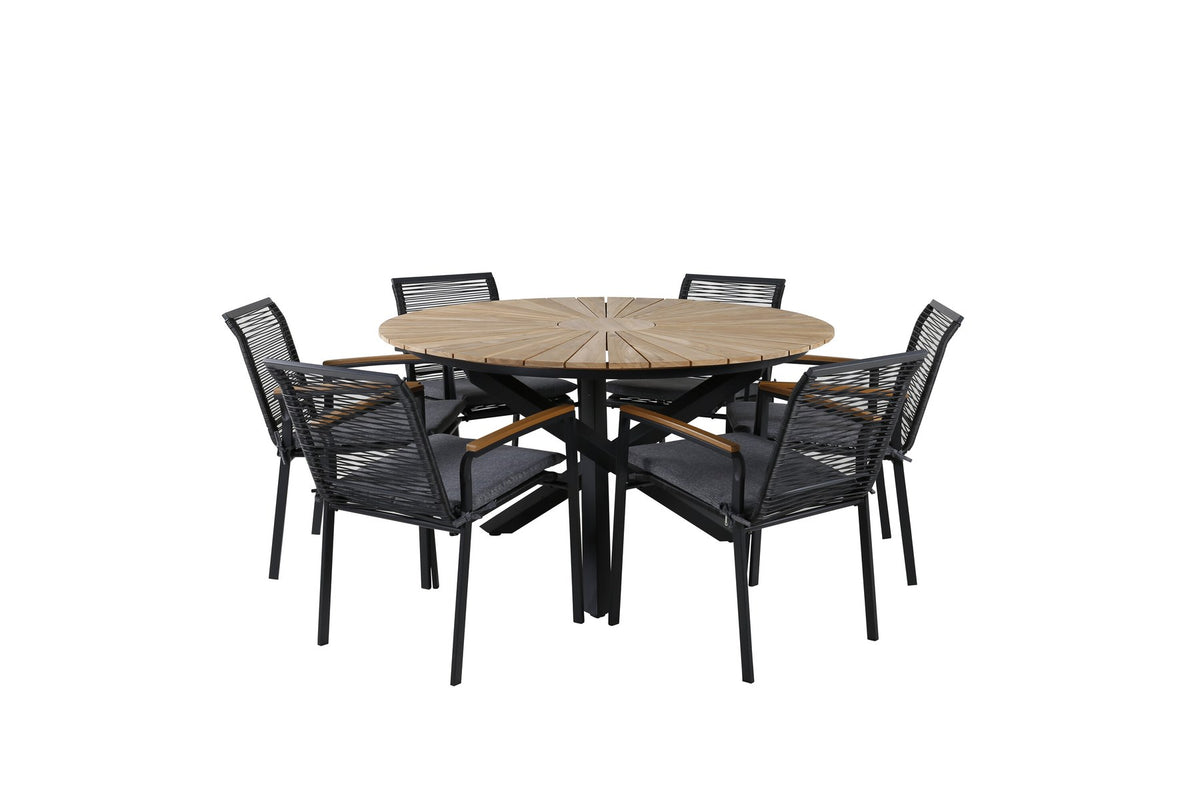 Schwarzes Gartentischset: runder Teakholz-Tisch mit ⌀140cm auf Stahlbeinen und zwei Aluminium-Stühle mit Polyesterbezug von Venture Home.