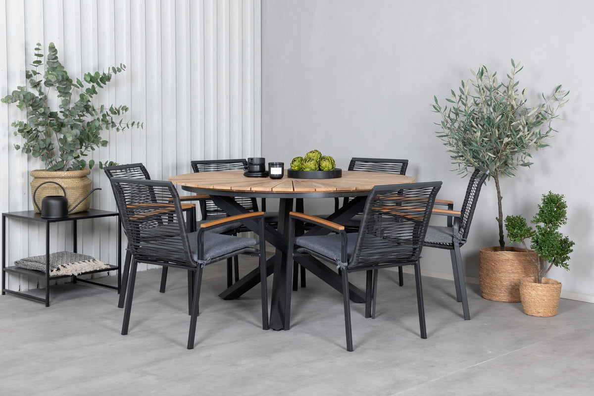 Schwarzes Gartentischset: runder Teakholz-Tisch mit ⌀140cm auf Stahlbeinen und zwei Aluminium-Stühle mit Polyesterbezug von Venture Home.