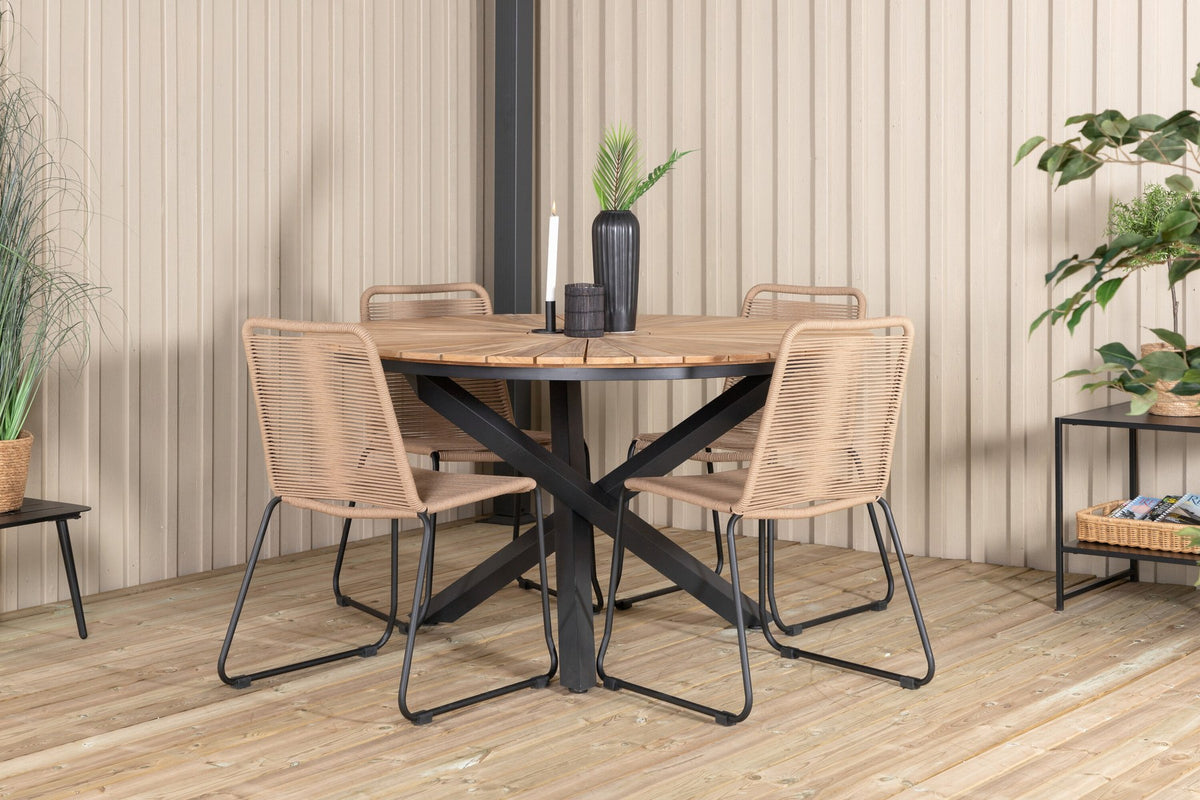 Gartentischset Mexiko mit Lindos-Stühlen: Teak-Tisch mit Stahlbeinen und Aluminium-Teak-Stühlen in Braun, rechteckige Tischplatte.