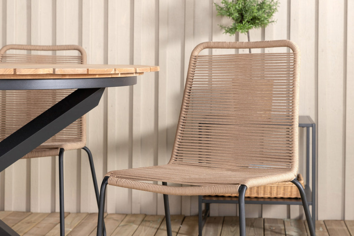 Gartentischset Mexiko mit Lindos-Stühlen: Teak-Tisch mit Stahlbeinen und Aluminium-Teak-Stühlen in Braun, rechteckige Tischplatte.