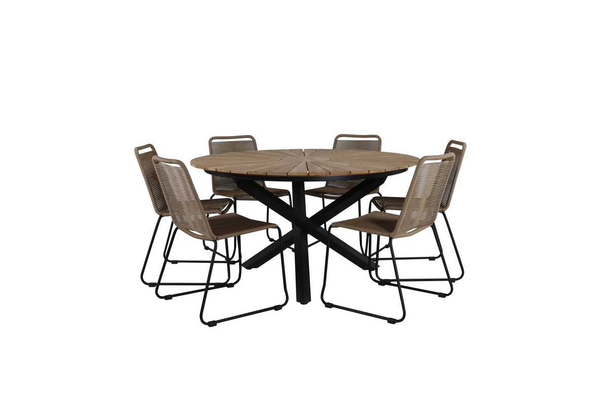 Gartentischset Mexiko mit Lindos-Stühlen: Teak-Tisch mit Stahlbeinen und Aluminium-Teak-Stühlen in Braun, rechteckige Tischplatte.