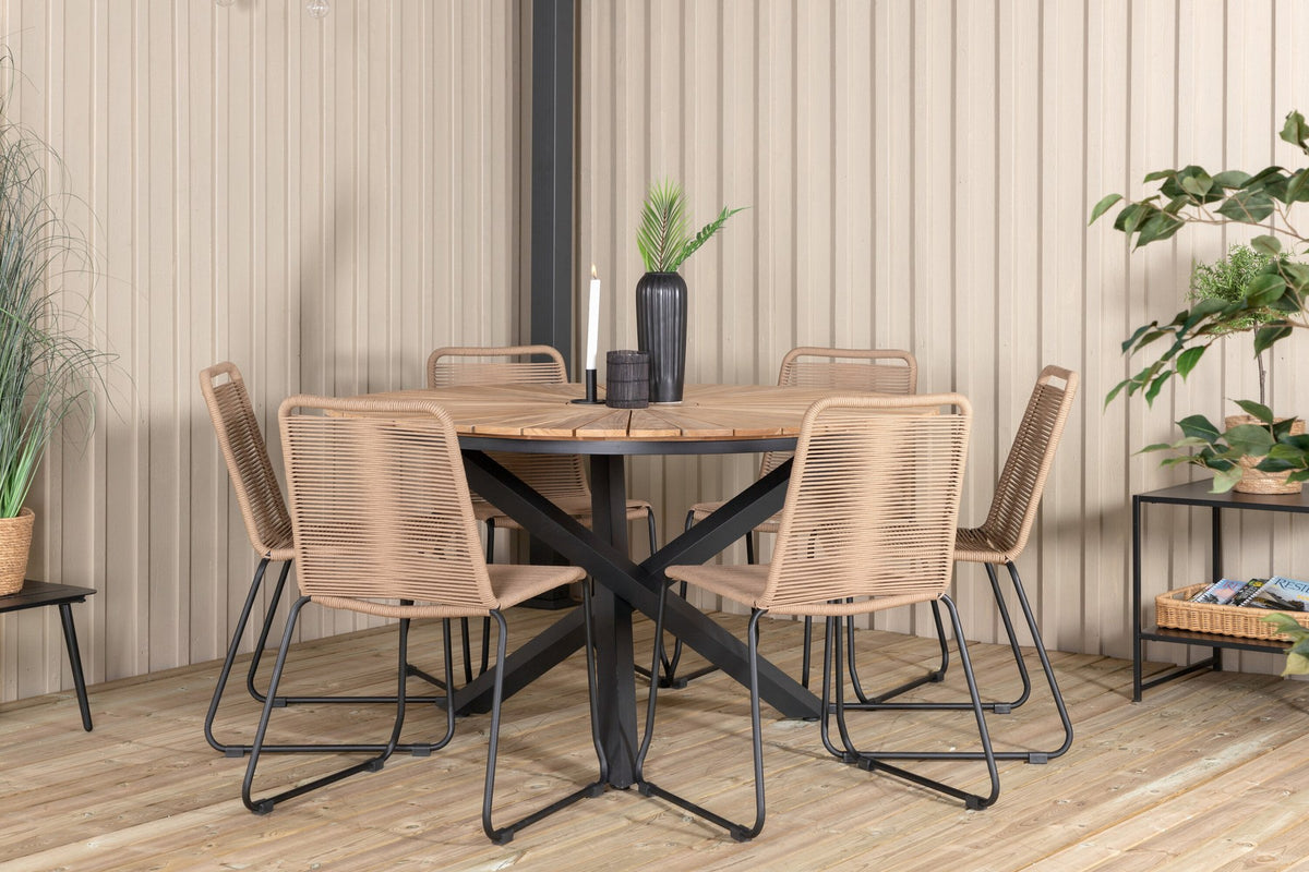 Gartentischset Mexiko mit Lindos-Stühlen: Teak-Tisch mit Stahlbeinen und Aluminium-Teak-Stühlen in Braun, rechteckige Tischplatte.