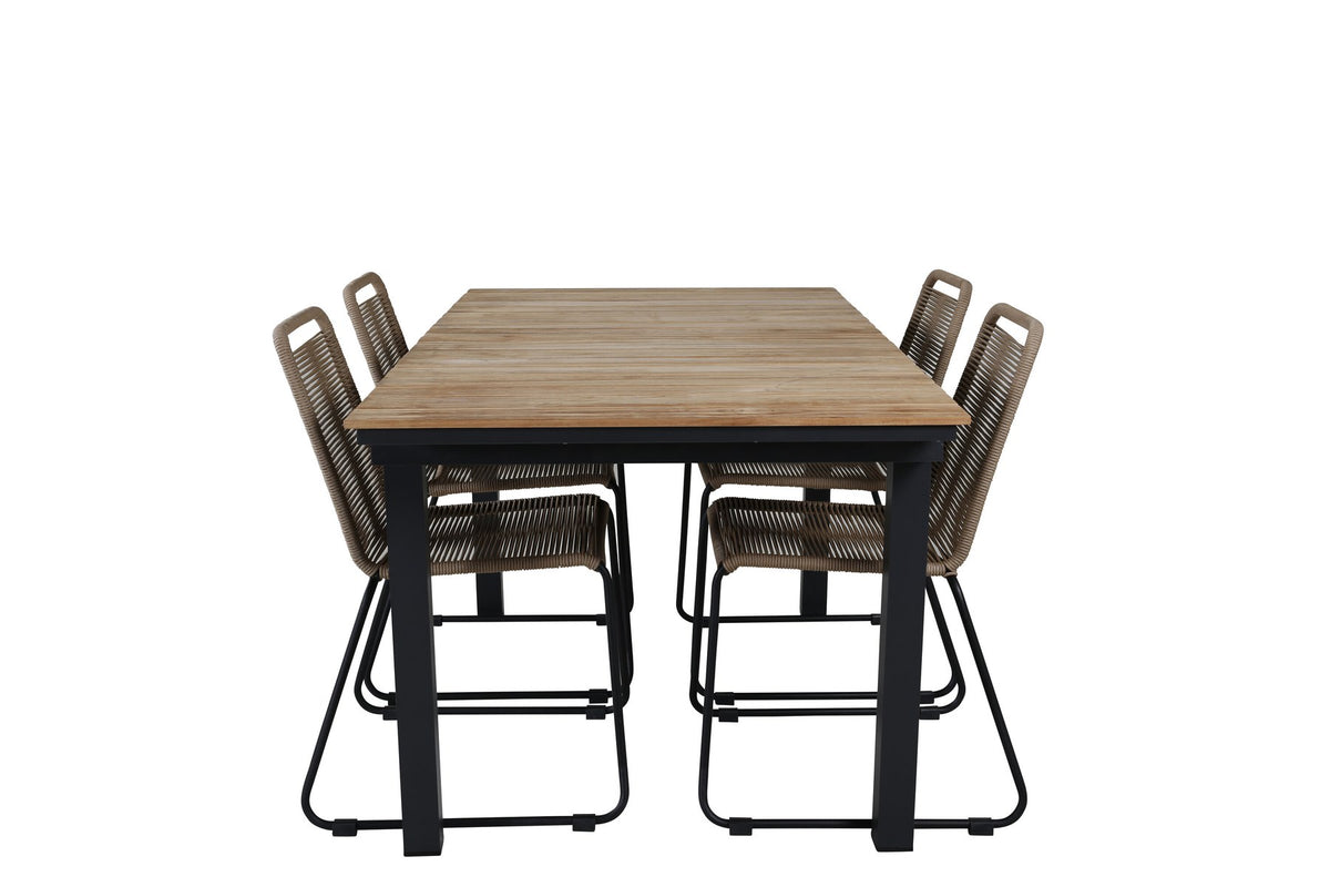 Rechteckiger Esstisch aus Teak und Aluminium in Natur mit zwei Esszimmerstühlen in Braun mit Pulverbeschichtung, Outdoor-Set von Venture Home.
