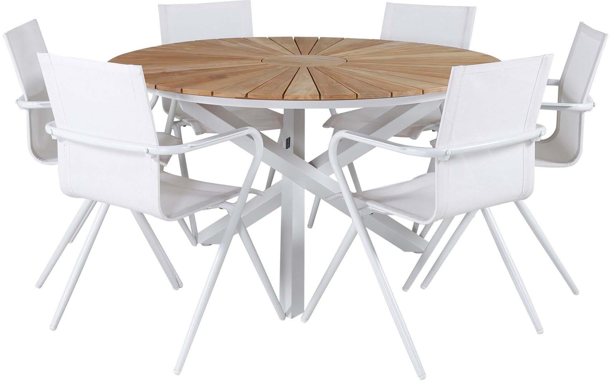 Stilvolles Outdoor-Tischset für 6 Personen, wetterfest, mit ergonomischen Alina-Stühlen. Perfekt für gesellige Abende im Freien.