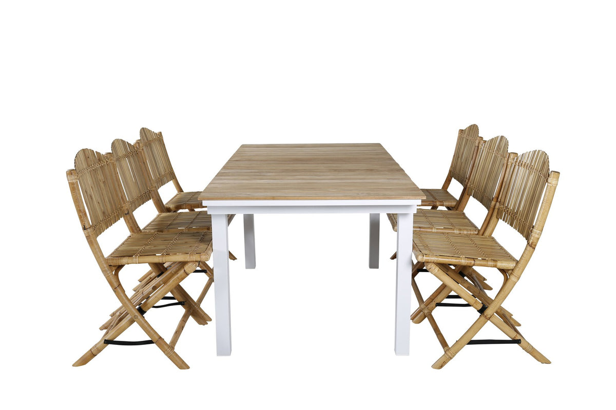 Gartentischset Cane & Mexico von Venture Home: Teakholz-Tisch mit Rattan-Beinen und Aluminium-Stühle in Natur, ausziehbar auf 240 cm.