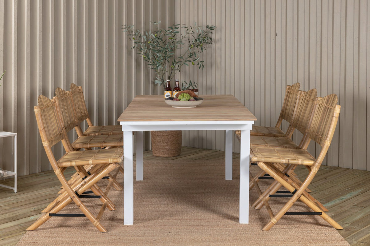 Gartentischset Cane & Mexico von Venture Home: Teakholz-Tisch mit Rattan-Beinen und Aluminium-Stühle in Natur, ausziehbar auf 240 cm.
