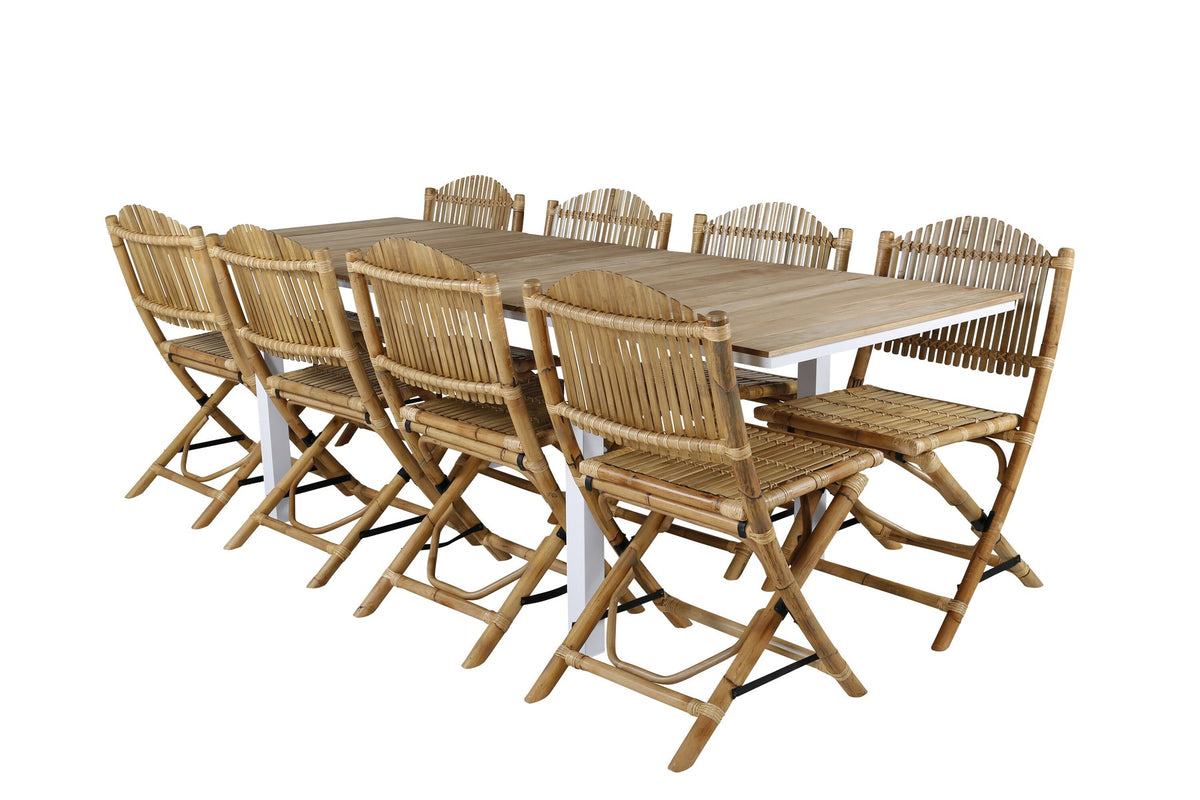 Gartentischset Cane & Mexico von Venture Home: Teakholz-Tisch mit Rattan-Beinen und Aluminium-Stühle in Natur, ausziehbar auf 240 cm.