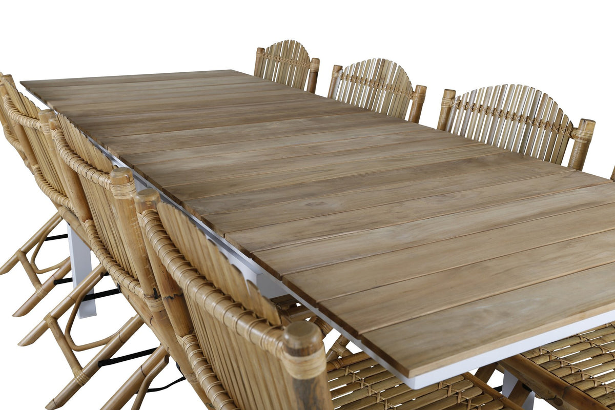 Gartentischset Cane & Mexico von Venture Home: Teakholz-Tisch mit Rattan-Beinen und Aluminium-Stühle in Natur, ausziehbar auf 240 cm.