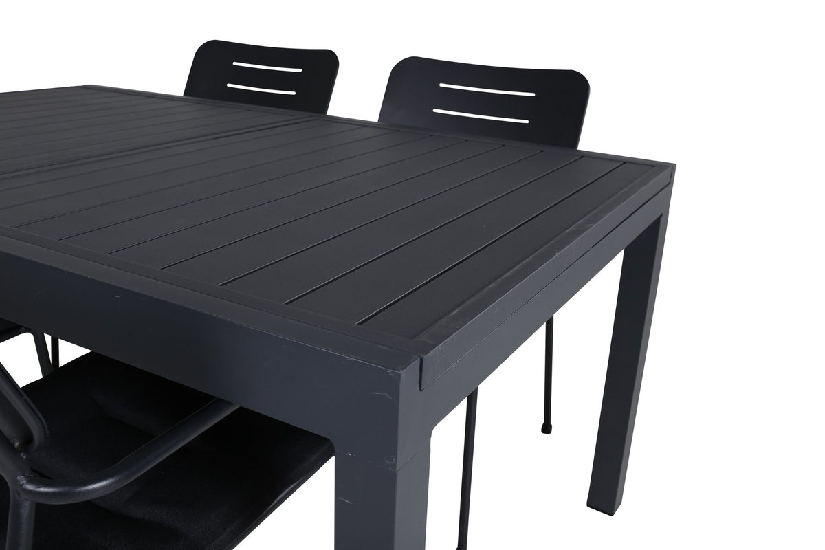 Schwarzes Gartentischset aus Aluminium: rechteckiger Esstisch 160x100 cm mit Aluminium-Tischplatte und zwei Stapelstühle mit Polyesterbezug.