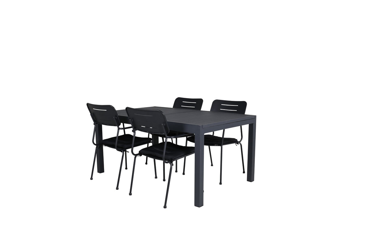 Schwarzes Gartentischset aus Aluminium: rechteckiger Esstisch 160x100 cm mit Aluminium-Tischplatte und zwei Stapelstühle mit Polyesterbezug.