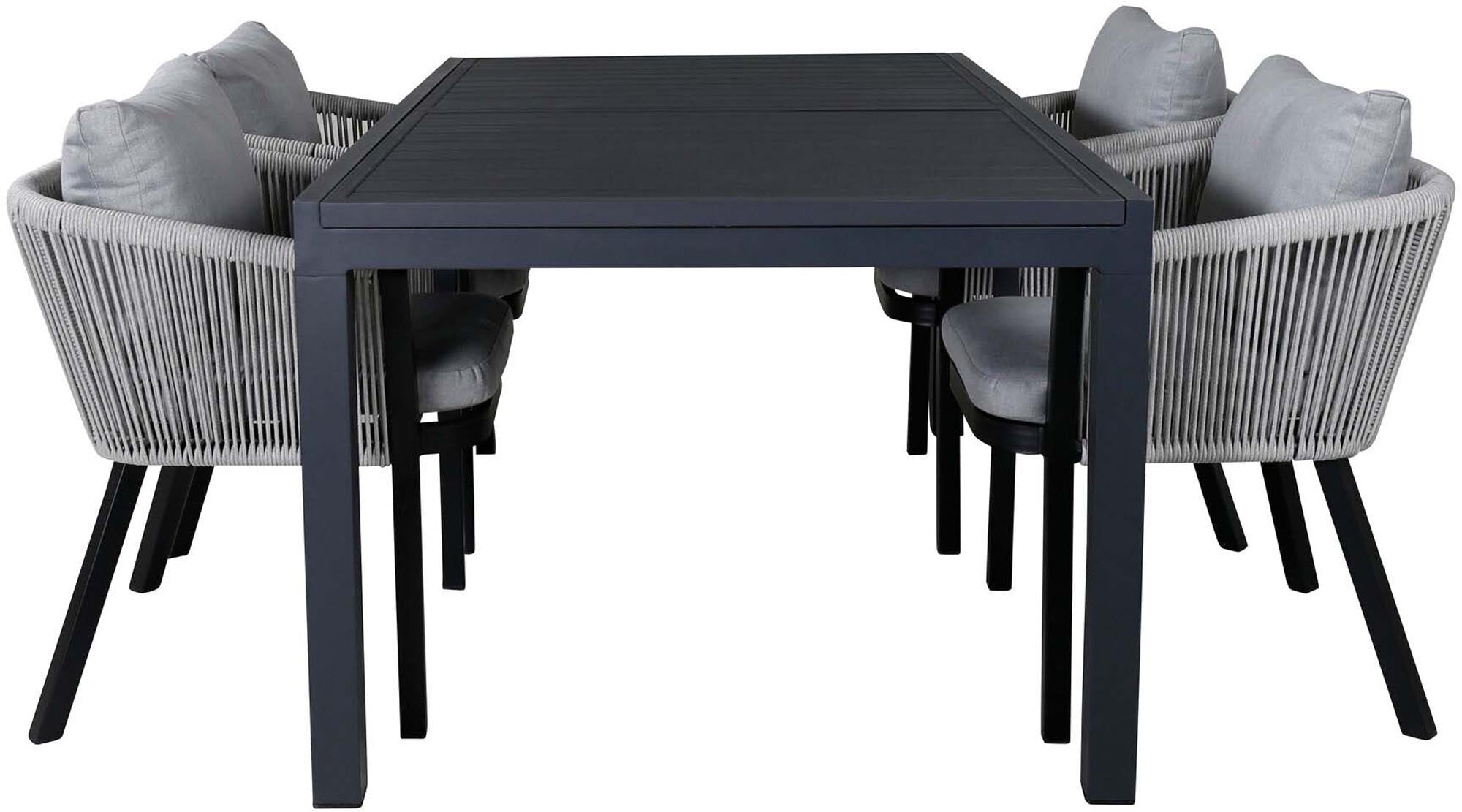 Elegantes Marbella Outdoor-Tischset, ausziehbar, mit 4 Virya-Stühlen. Wetterfest, ideal für gesellige Runden im Freien.