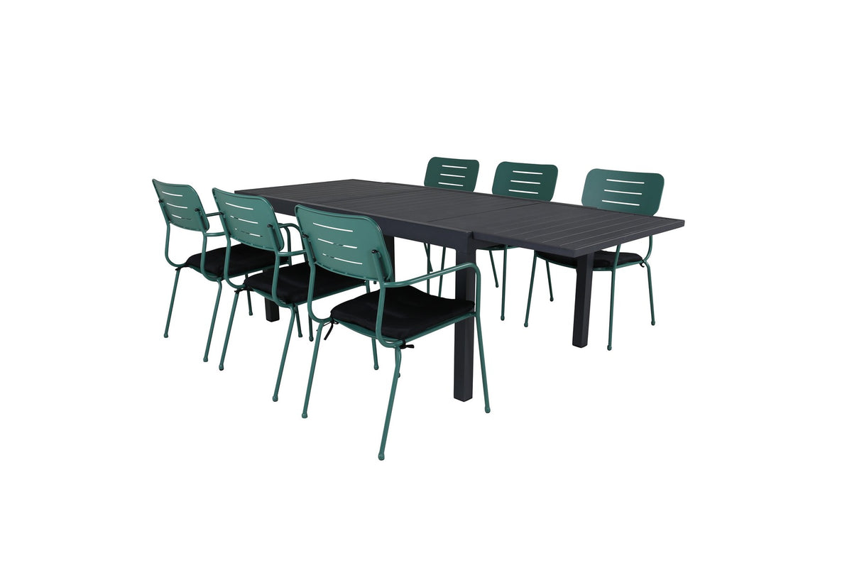 Gartentischset aus Aluminium: schwarzer, ausziehbarer Esstisch 160x100 cm und zwei grüne, stapelbare Aluminiumstühle mit Polyesterbezug.
