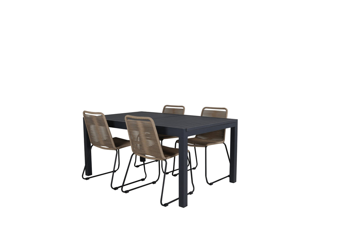 Braune Aluminium-Gartenstühle im 2er-Set und rechteckiger Aluminium-Gartentisch 160x100 cm in Schwarz, pulverbeschichtet.