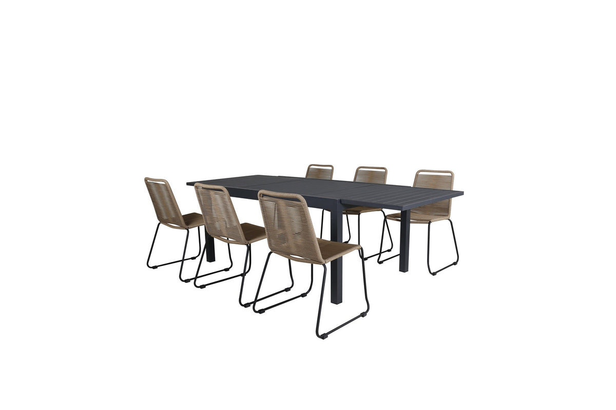 Braune Aluminium-Gartenstühle im 2er-Set und rechteckiger Aluminium-Gartentisch 160x100 cm in Schwarz, pulverbeschichtet.