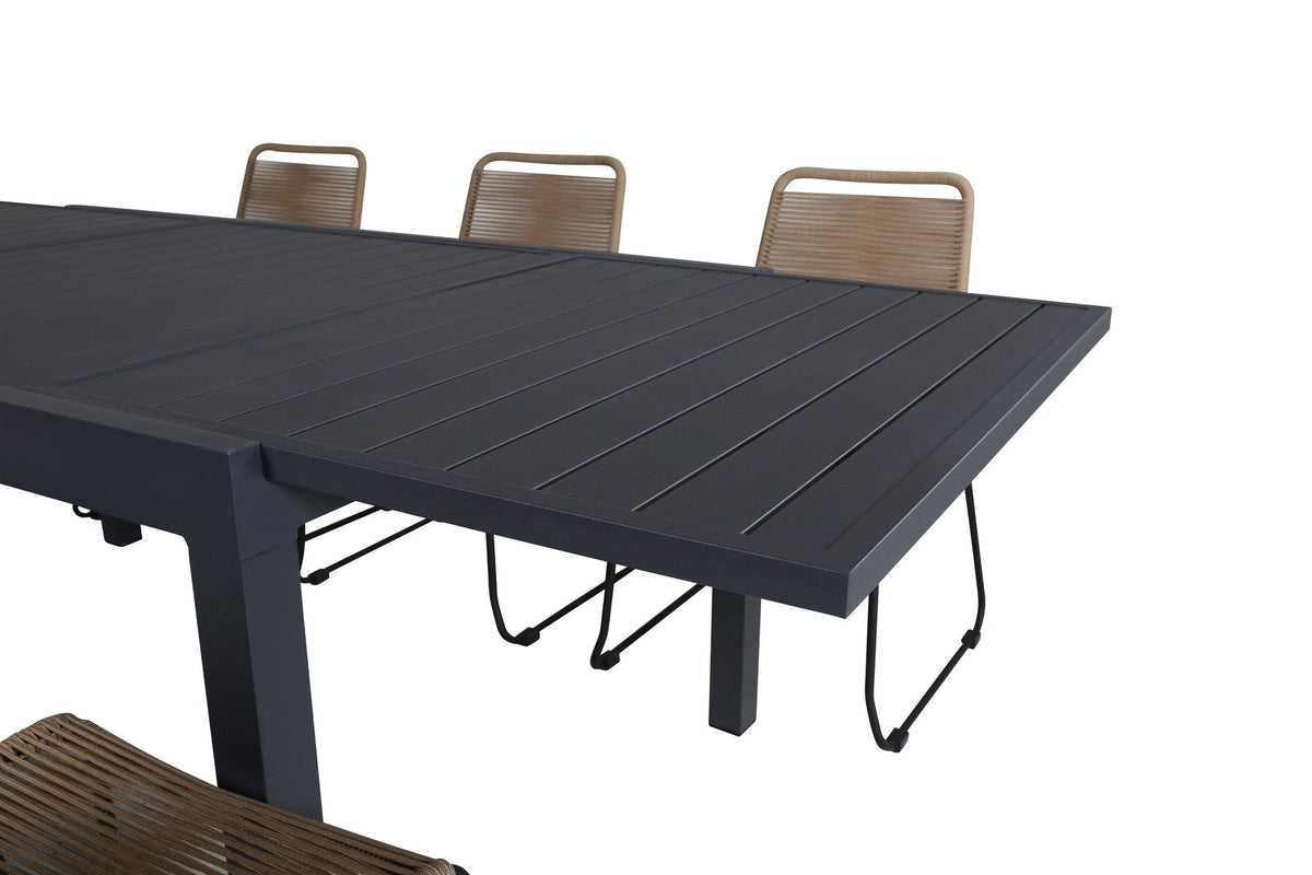 Braune Aluminium-Gartenstühle im 2er-Set und rechteckiger Aluminium-Gartentisch 160x100 cm in Schwarz, pulverbeschichtet.