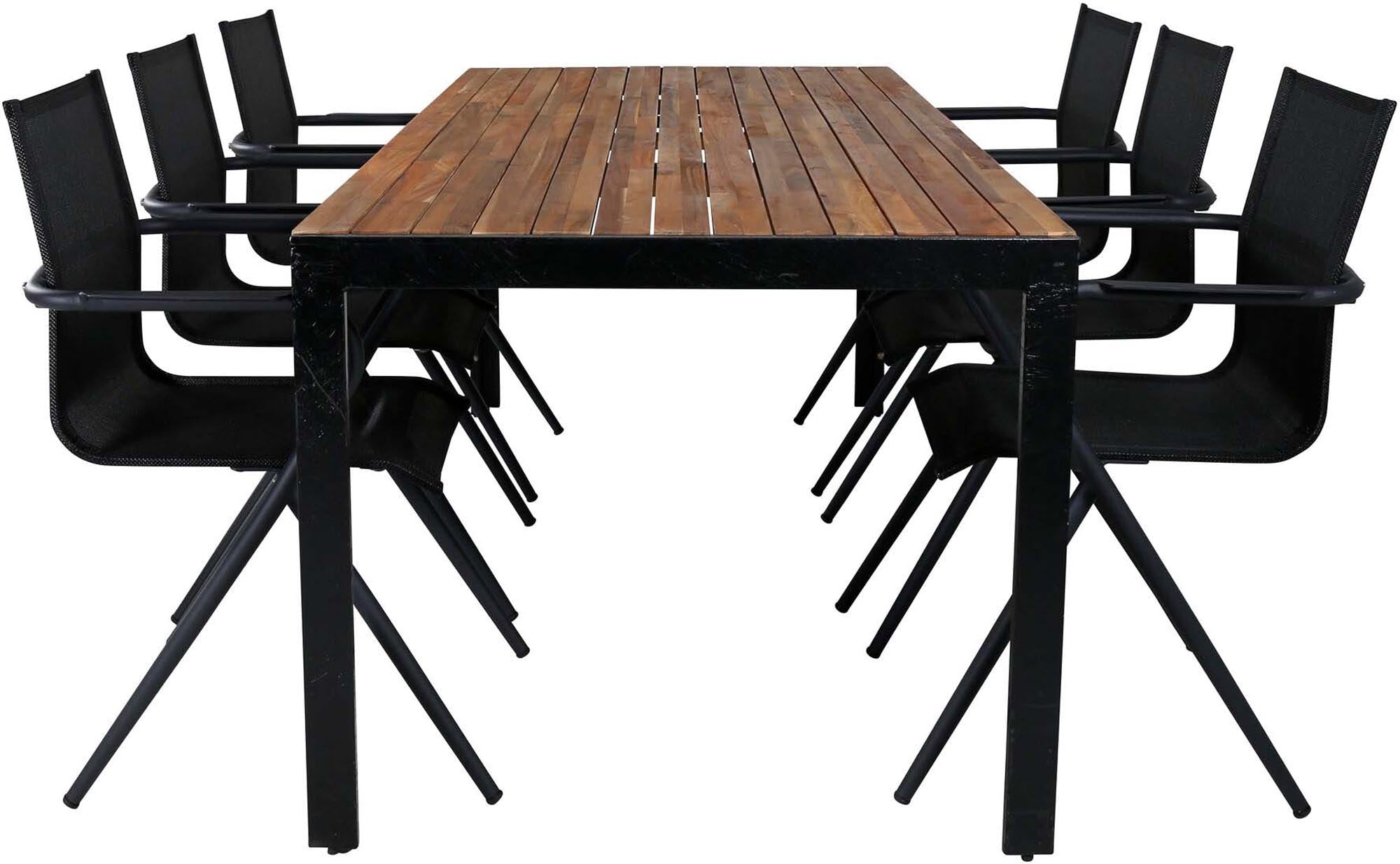 Stilvolles Bois Outdoor-Tischset von Venture Home: 205cm Tisch & 6 Alina-Stühle, wetterfest & komfortabel.