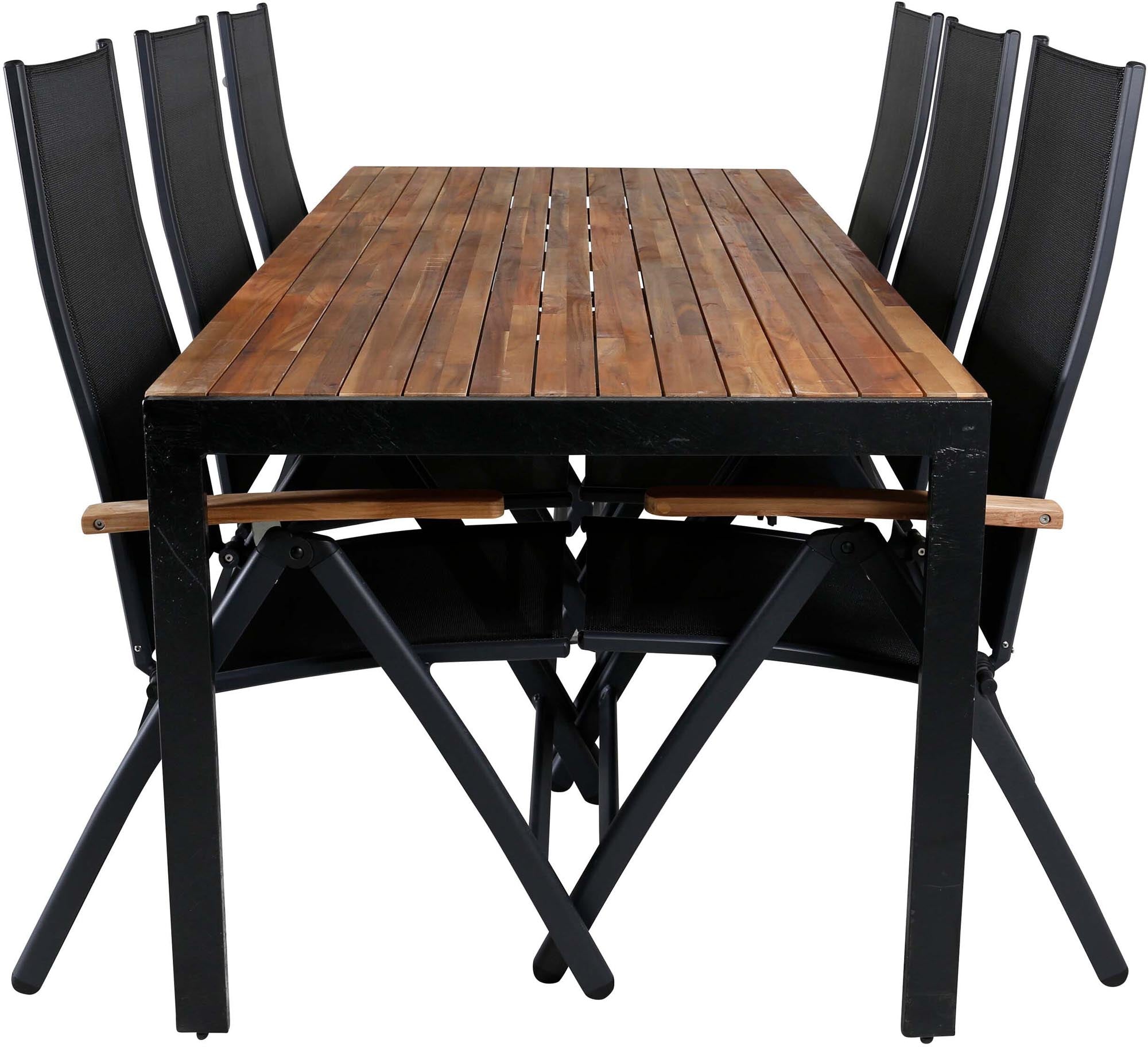 Entdecken Sie das Bois Outdoor-Tischset + Panama 205cm/6St. von Venture Home – stilvoll, robust und ideal für gesellige Abende im Freien.